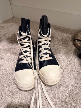 Rick Owens Black and White Lace-Up High-Top Boots